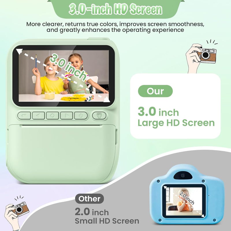 Gofunly Kids Camera Instant Print, 3.0" HD 32MP 1080P Toddler Digital Camera with 3 Rolls of Printer Paper, Birthday Gifts Toy for 3-12 Year Old Girls Boys with 32GB SD Card-Green - Image 2